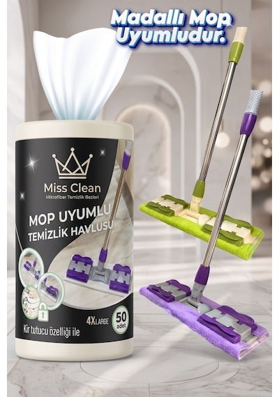 50 Yaprak 4xl Büyük Boy Mandallı Mop Uyumlu Islak Yer Temizlik Havlusu - Kullan At Bez Beyaz