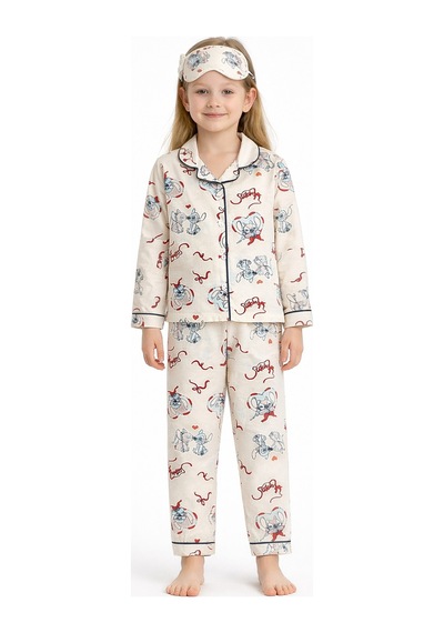 Beka Kids Ekru Desenli Uzun Kollu Önden Düğmeli Gömlek Yaka Kız Çocuk Pijama Takımı Ve Göz Bandı