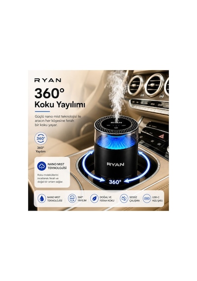 Ryan Cloud Mist Pro Akıllı Araç İçi Koku Difüzörü Nano Mist, 360 Koku Yayılımı, 7 Renk Led, 800 Mah, 2 Kartuşlu