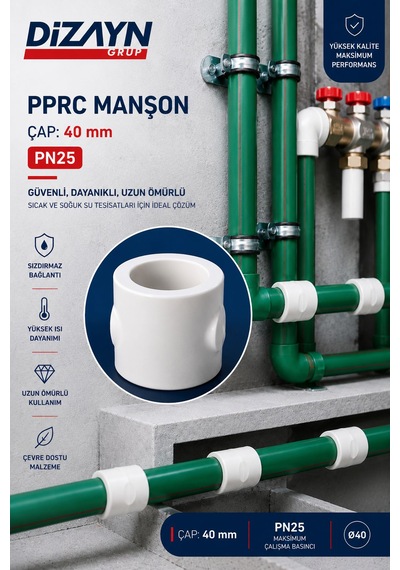 Dizayn Pprc Manşon 40 Mm 15 Adet Pn25 Temiz Su Tesisat Ek Parçası