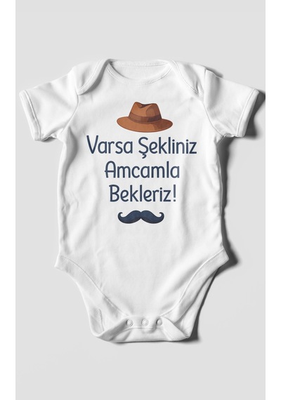 Morivokids Varsa Şekliniz Amcamla Bekleriz Kısa Kollu Bebek Body %100 Pamuk Beyaz