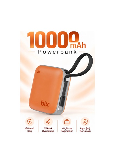 Exenar - Turuncu - Mini Powerbank 10000 Mah Cep Boy Taşınabiler Hızlı Şarj Pd 20w Dijital Göstergeli Type-c Kablolu Beyaz - Turuncu