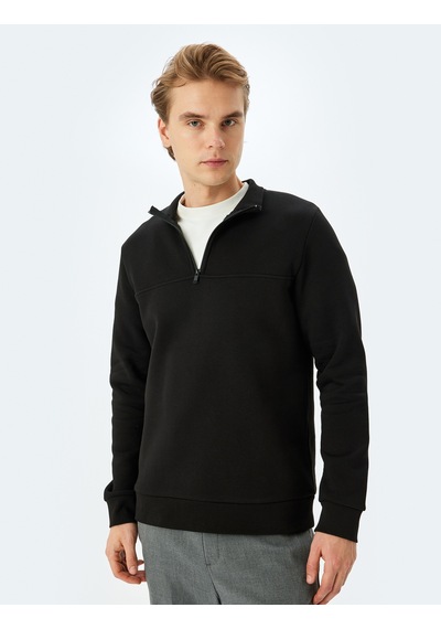 Koton Uzun Kollu Pamuk Karışımlı Basic Yarım Fermuarlı Sweatshirt Siyah 5wam70255mk Siyah