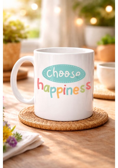 Choose Happiness "mutluluğu Seç" Yazılı Porselen Kupa Model 156 Motivasyon Kupası Renkli Tasarım