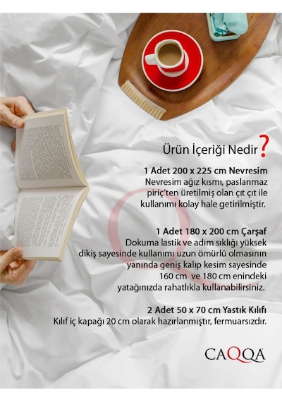 Caqqa Beyaz Çizgili Saten Çarşafı Lastikli Çift Kişilik Premium Otel Nevresim Takımı Beyaz