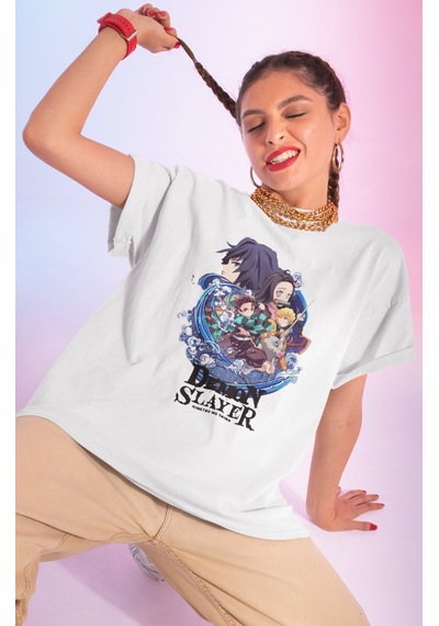 Sevbano Demon Slayer Kimetsu No Yaiba Baskılı Unisex Oversize Anime Dizi Beyaz