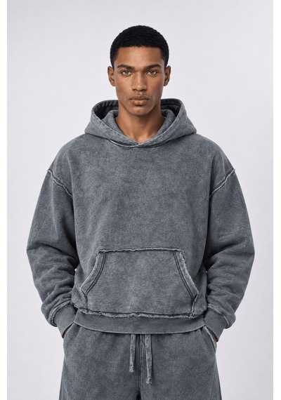 Respire Erkek Pis Dikiş Detaylı Yıkamalı Basic Oversize Hoodie Gri