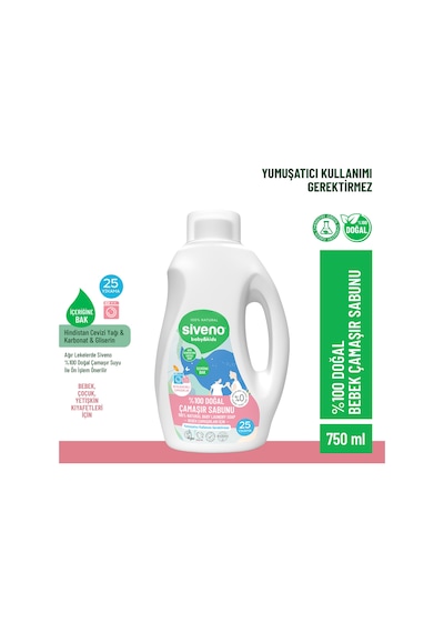 Siveno %100 Doğal Bebek Çamaşır Sabunu Kendinden Yumuşatıcılı Bitkisel Deterjan Konsantre Vegan 750 ml