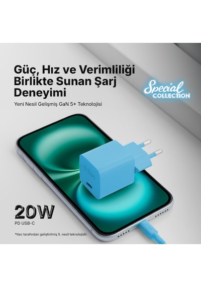 Ttec Smartcharger Gan 20W PD Seyahat Hızlı Şarj Aleti + USB-C - Lightning 120 CM Kablo Neon Mavi