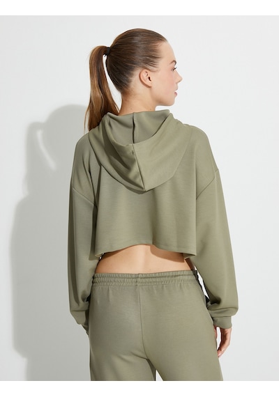 Koton Spor Crop Kapşonlu Oversize Sweatshirt Modal Kumaş Uzun Kollu Haki 4wak10225nk Haki