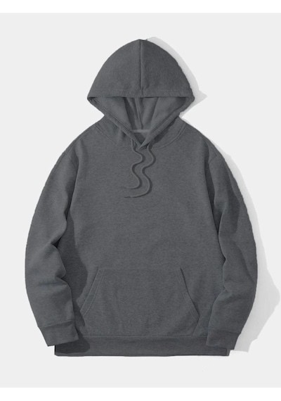 Erkek 3 İplik Pamuklu Kapüşonlu Kanguru Cepli Sweatshirt Hoodie - Füme