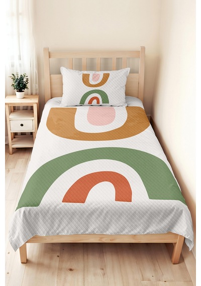 Boho Pastel Gökkuşağı Yeşil Genç Odası Tek Kişilik Pike Takımı - Somon Bej 160x220 Cm Yatak Örtüsü Gizli Papatya Kırığı