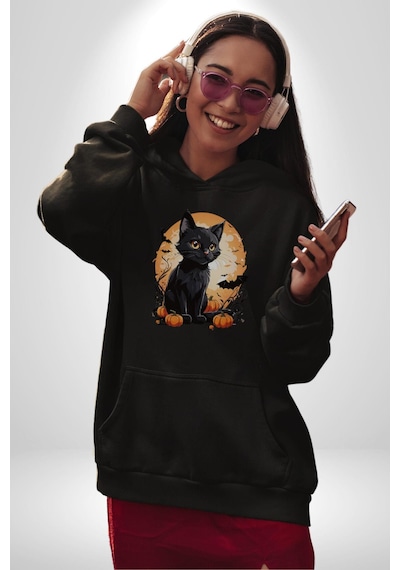 Cadılar Bayramı Kedi Kadın Erkek Siyah Kapüşonlu Sweatshirt Hoodie Siyah