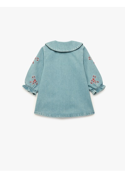Koton Pamuklu Fiyonk İşlemeli Uzun Kollu A Kesim Bebe Yaka Denim Elbise Lıght Indıgo 6smg80006ad Açık Mavi