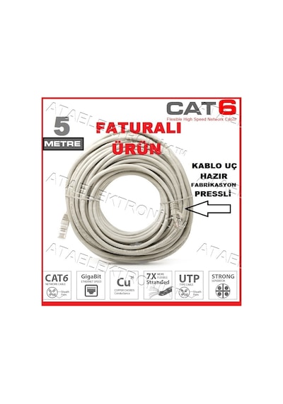 5 Metre 5Mt Hazir Pressli Cat6 Ethernet Internet Modem Kablosu