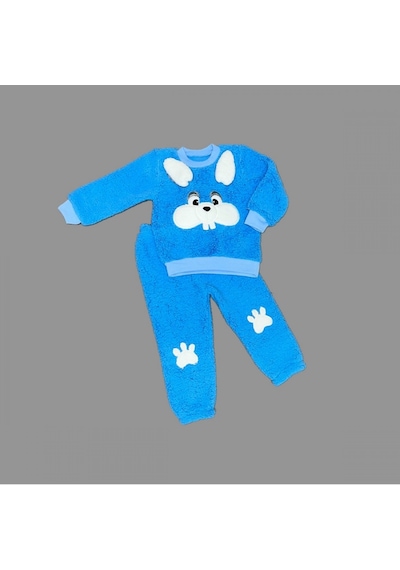 1-2-3 Yaş Kulaklı Tavşan Figürlü Kuzu Kumaş Sweat Pantolon Uzun Kollu Kız Erkek 2 Li Takımı 001
