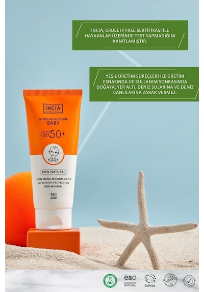 INCIA %100 Doğal Bebek Güneş Kremi Leke Karşıtı Mineral Filtreli Yüksek Koruma SPF 50+ UVA UVB 50 ML