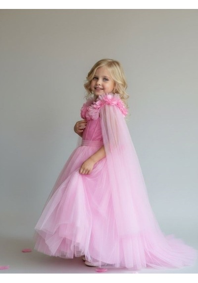 Zekids Kız Çocuk Kol Detaylı Prenses Model Abiye Elbise-17245 Pembe