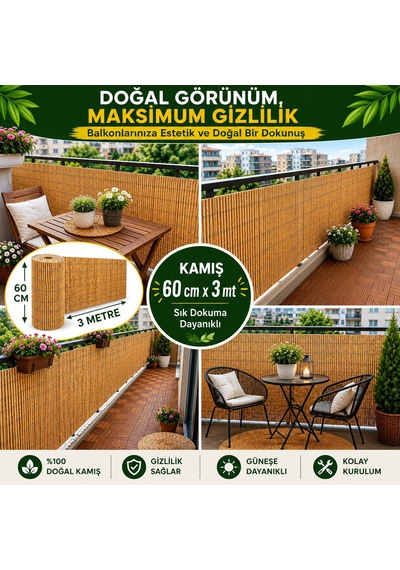 Polybotum Premium Doğal Kamış Hasır Balkon Çiti 60x300 Cm Sık D