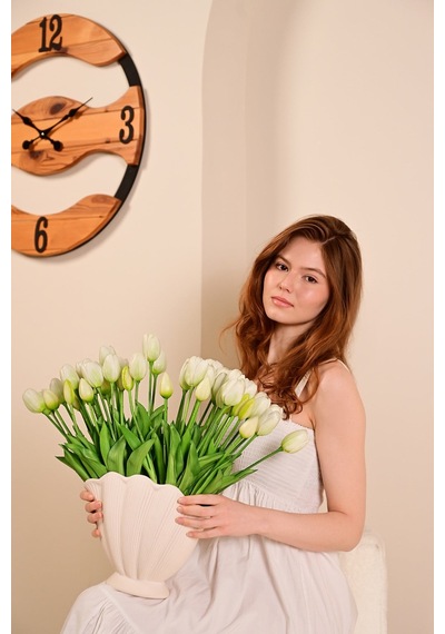 Beyaz Yapay Tulipa Lale Çiçeği Buketi 5 Dallı Premium Canlı Islak Dokulu 43 Cm