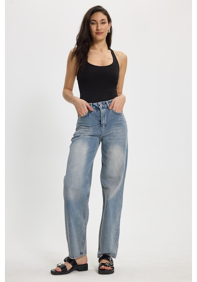 Tudors Kadın Relax Fit Rahat Kesim %100 Pamuk Cepli Geniş Paça Mavi Jean Kot Pantolon-50733