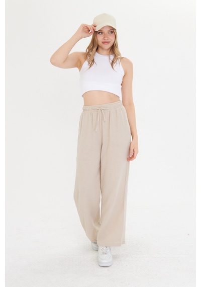 Thiff Gymwear Bej Bol Paça Müslin Kadın Pantolon Bej