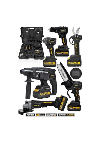 Assur 21v 6'lı Set Kırıcı/delici Hilti, Taşlama, Somun Sıkma, Matkap, Budama Testeresi Ve Makası-2934