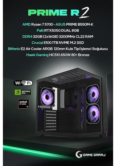 Game Garaj PRIME-R2 R7-5700 RTX5050 32 GB 1 TB SSD Free Dos Oem Paket Masaüstü Oyuncu Bilgisayarı