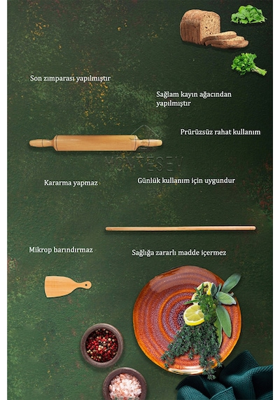 Zümrüt Seri Ahşap Hamur Açma Oklavası Merdanesi Hamur Rulosu 3 Lü