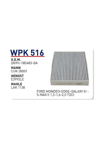 WUNDER WPK516 Polen Filtresi Ford Mondeo-Edge-Galaxy III -S-Max II 1,5-1,6-2,0 TDCI