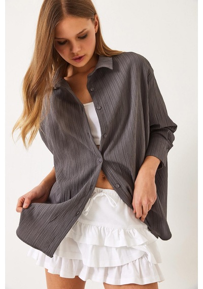 Shade Kadın Düşük Omuz Oversize Basic Bürümcük Gömlek 60392 60271069 - Füme