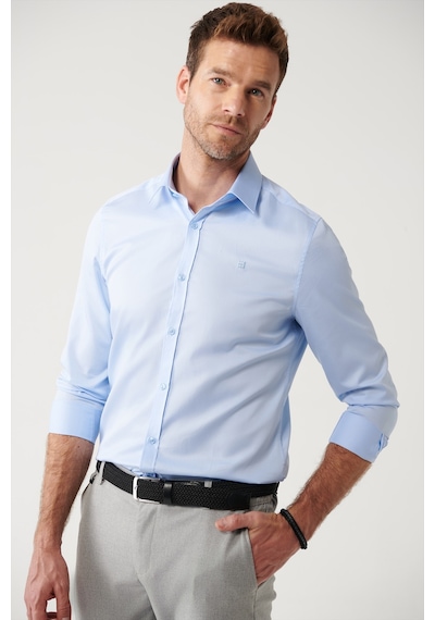 Avva Erkek Mavi Gömlek Klasik Yaka %100 Pamuk Saten Slim Fit Dar Kesim  B002006 Mavi