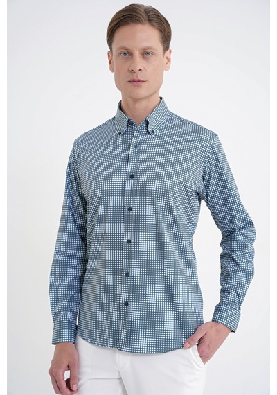 Slim Fit Pötikare Baskılı Pamuklu Yaka Düğmeli Yeşil Gömlek G 1604