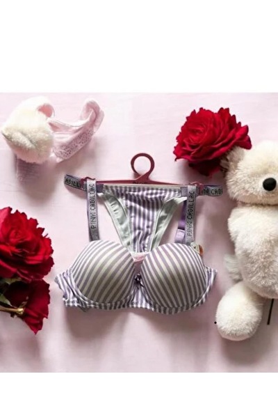 Kızıl Gece Taşlı Çizgili Push Up Südyen Takımı Mor