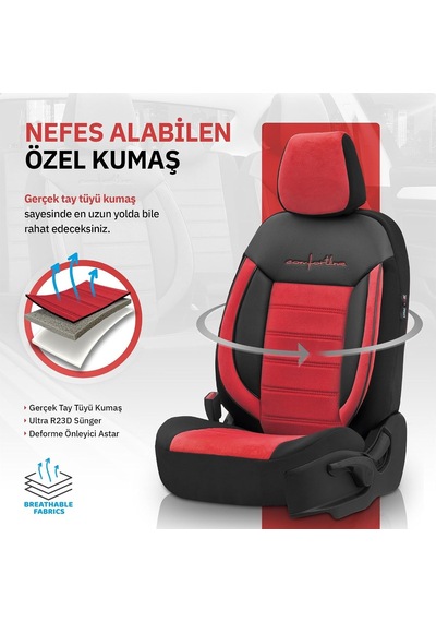 Comfortline Design Tay Tüyü Süet Oto Koltuk Kılıfı Ekstra Destekli Tam Set Premium Kırmızı