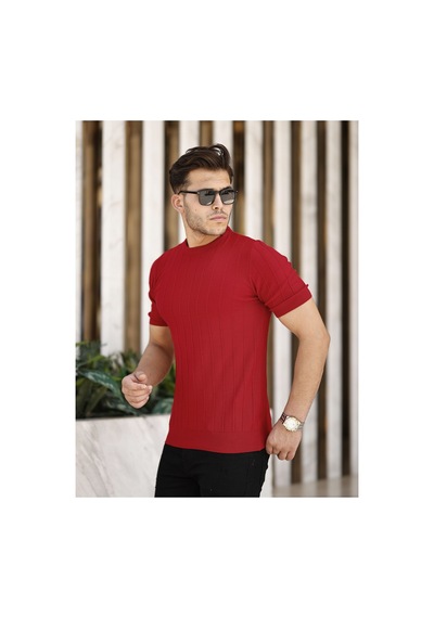 Cool Tarz Kırmızı Erkek Yuvarlak Yaka Örme T-shirt Kırmızı Kırmızı