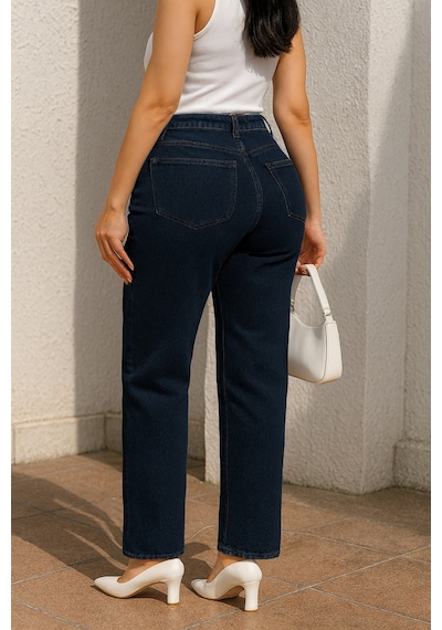 Cedy Denim Cedy Denım - Kadın Büyük Benden Boru Paça Yüksek Bel Regular Fit Likralı Pantolon C626 Lacivert