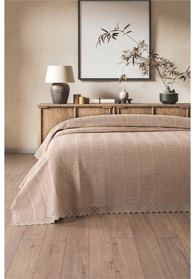%100 Pamuk Çift Kişilik Kopanaki Dantelli Waffle Pike-210x230 Cm-sütlü Kahve Petek Pike Sutlukahve