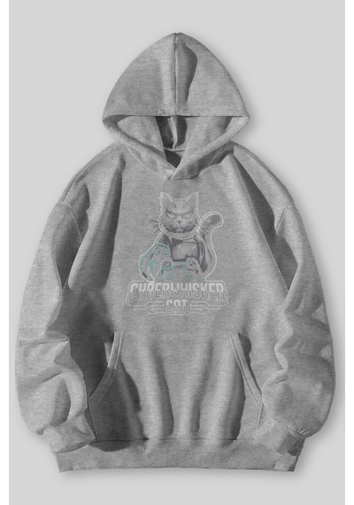 Harmandar Cyber Cat Baskılı Unisex Siyah Gri Kanguru Cepli Kapüşonlu Sweatshirt Hoodie Gri