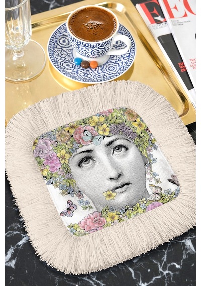 Çiçekli Portre Püsküllü Sunum Peçetesi - Vintage Bohem Pastel Krem Bardak Altlığı Mendil Sisli Açık Hardal