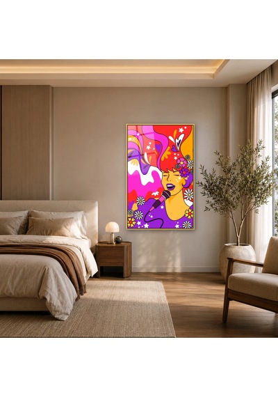 Çiçekli Şarkıcı Portresi Gold Çerçeveli Cam Tablo