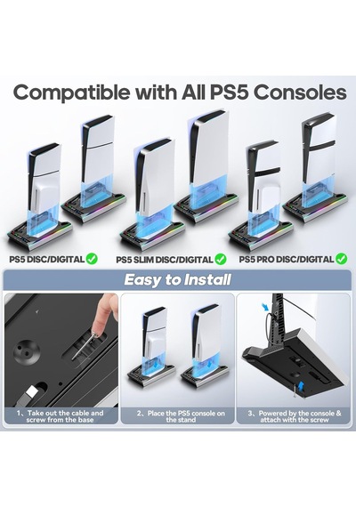 Ps5/slim/pro Stand, Otomatik Ayarlanabilir 3 Seviyeli Soğutma Fanı, 9 Rgb Işıklı Ps5 Soğutma İstasyonu Ve Çift