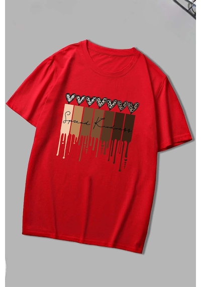 Unisex Leopar Kalp Baskılı Oversize T-shirt Kırmızı