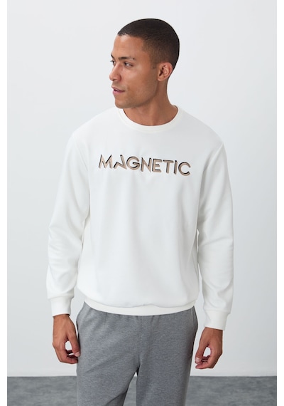 Tommy Life Ekru Yazı Nakışlı O Yaka Rahat Form İçi Polarlı Erkek Sweatshirt - 88020 Ekru