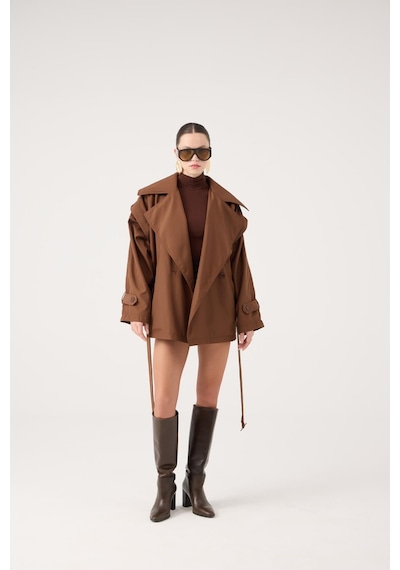 Holly Lolly Kemerli Oversize Kesim Sara Trençkot Kahve