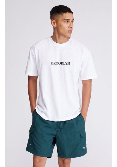 2'li Siyah Beyaz - Unisex Oversize Yaka Brooklyn Baskılı Örme T-shirt Siyah-beyaz