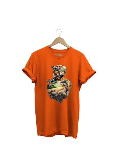 Bisiklet Dağ Tırmanışı Kask Ve Bisiklet Orman Detay Tasarım Basklılı %100 Pamuk Regular Fit T-shirt Turuncu