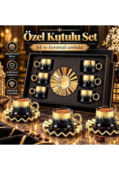 6 Kişilik 12 Parça Türk Kahvesi Fincan Seti 100 Ml Siyah Gold Detaylı Porselen Çok Renkli