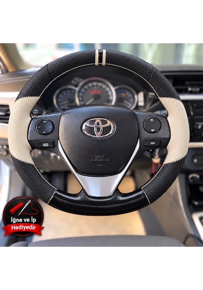 Toyota Auris E180 Dikme Direksiyon Kılıfı Delikli Deri Parlak Siyah Bej Detay Çift Yüzük Ve Dikiş 2012-2018