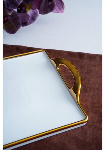 Acar Arven Dikdörtgen Gold Sunum Tepsi - 45 Cm Beyaz